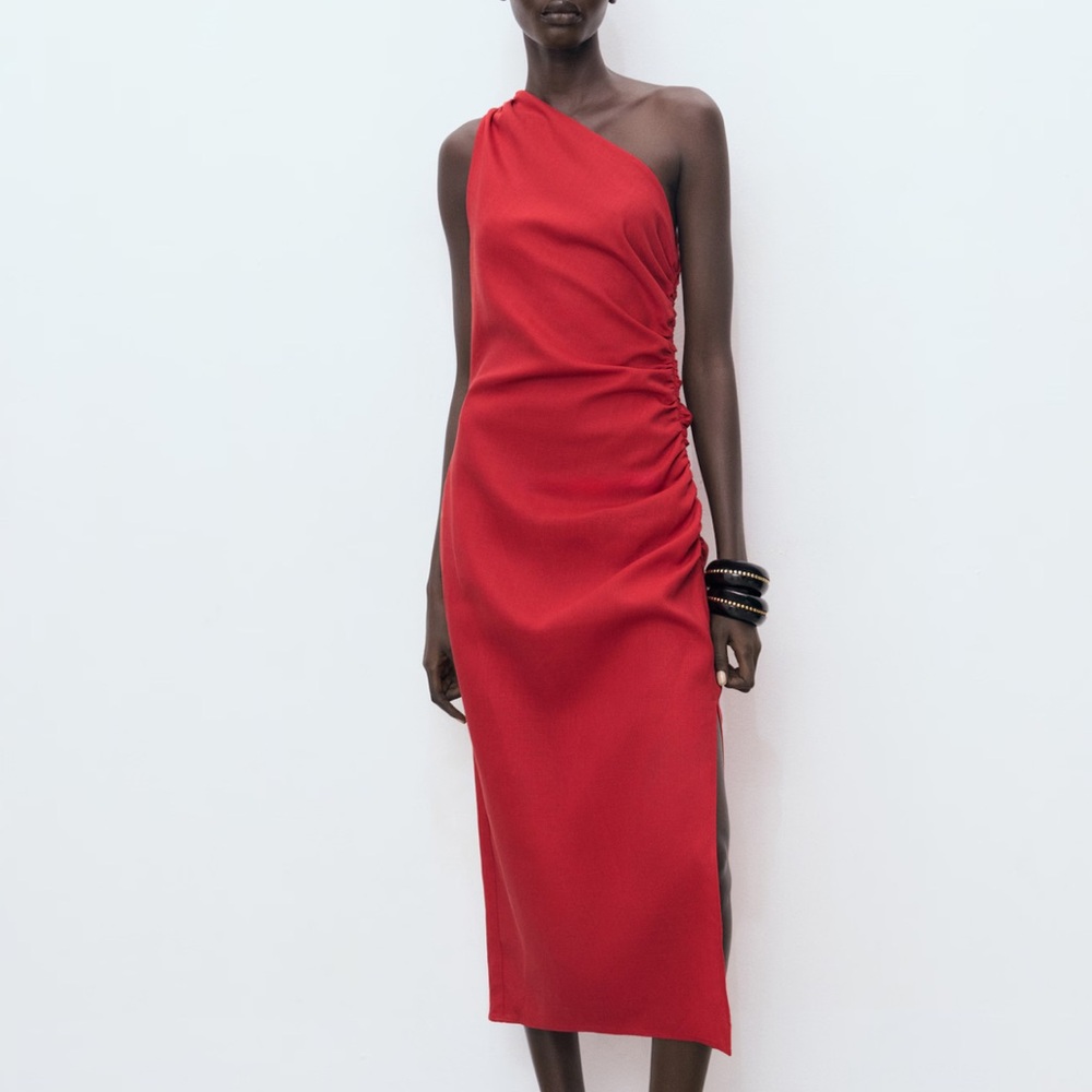 MANGO Elegant Red One-Shoulder Linen Dress - Picture 8 of 9